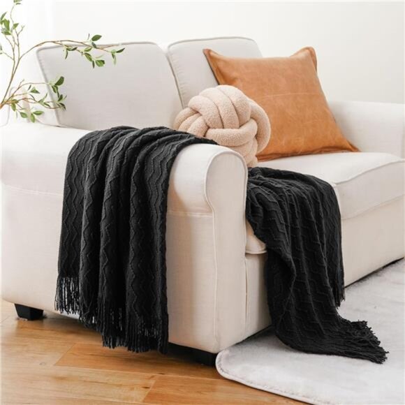 HOME Black Throw Blanket for Couch, Boho Throws for Home Decor, Soft - Picture 2 of 8